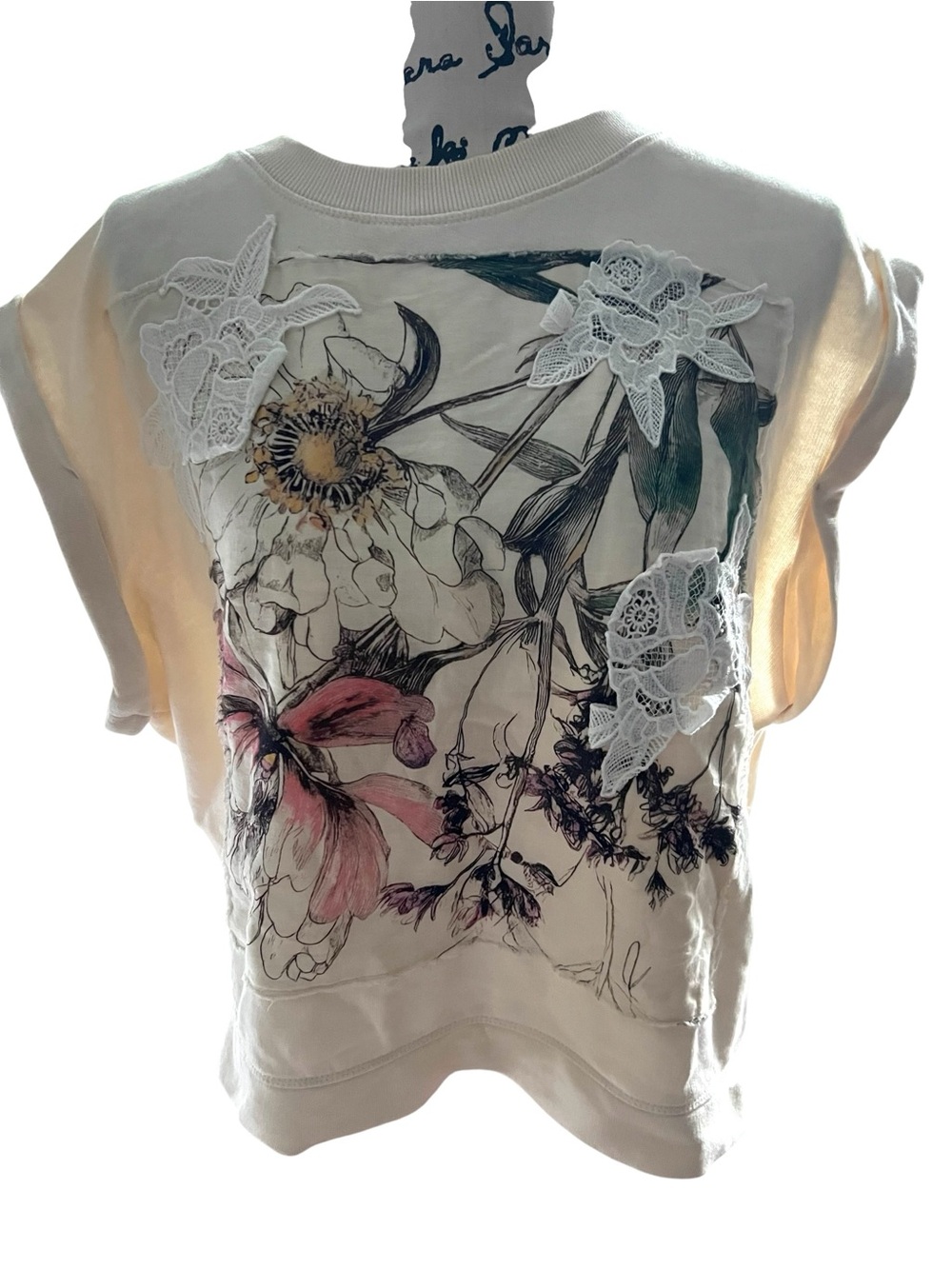 By Anthropologie Floral Appliqué Muscle Tank Sweatshirt Top Cream